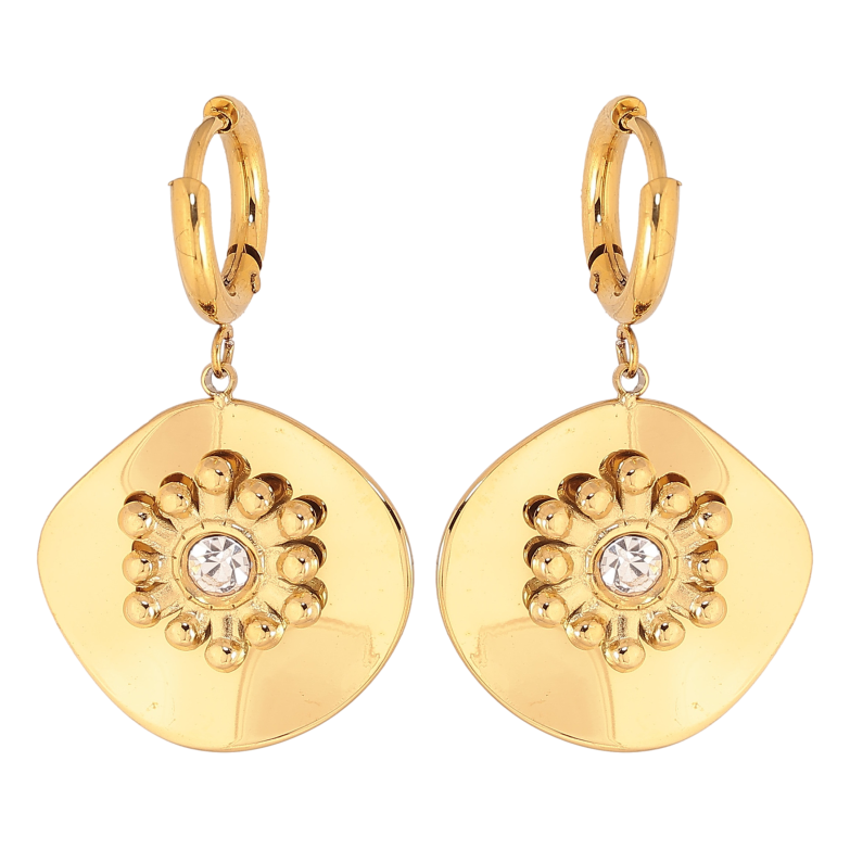 Сережки Xuping TTM Stainless Steel колір 14К підвіски на колечках "Візерунок з кристалами" фото №1 Сережки Xuping TTM Stainless Steel колір 14К підвіски на колечках "Візерунок з кристалами" фото №1