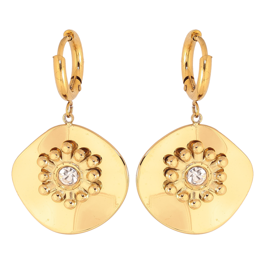 Сережки Xuping TTM Stainless Steel колір 14К підвіски на колечках "Візерунок з кристалами" фото №1 Сережки Xuping TTM Stainless Steel колір 14К підвіски на колечках "Візерунок з кристалами" фото №1