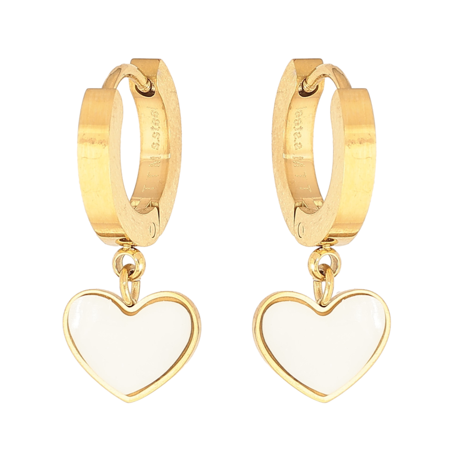 Сережки Xuping TTM Stainless Steel колір 14К підвіски на колечках "Сердечки з перламутровими вставками" фото №1 Сережки Xuping TTM Stainless Steel колір 14К підвіски на колечках "Сердечки з перламутровими вставками" фото №1