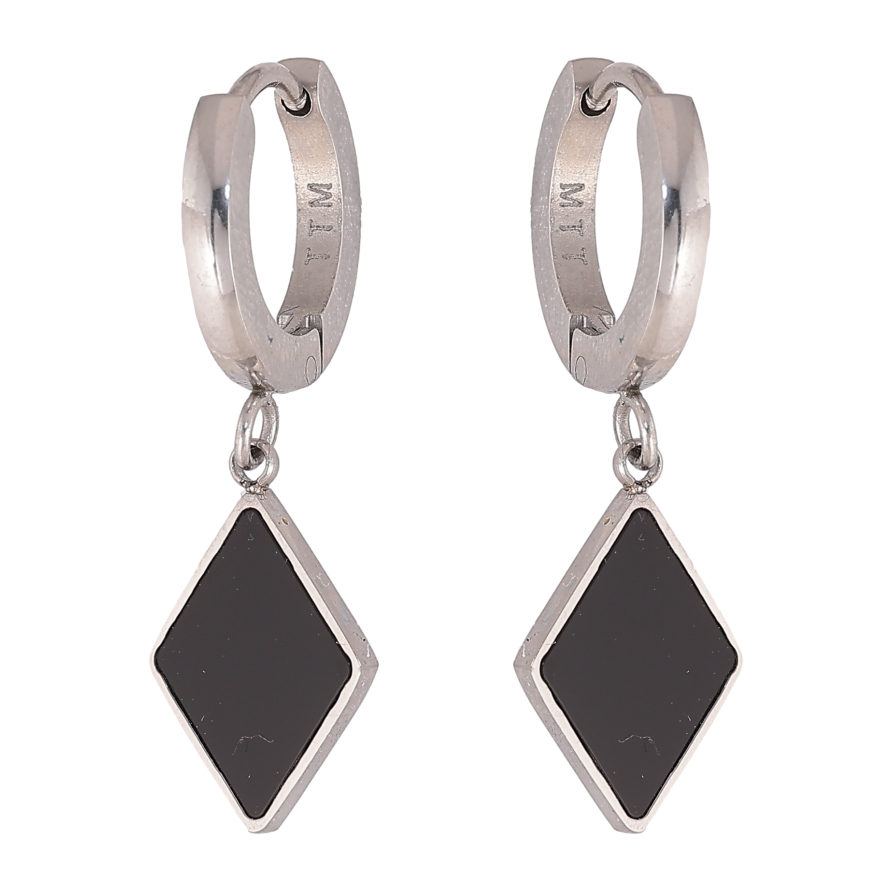 Серьги Xuping TTM Stainless Steel цвет Родий подвески на колечках "Ромбы с черными вставками" фото №1