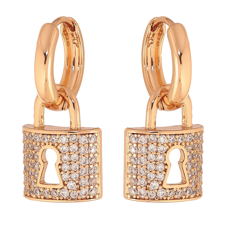 Серьги Xuping цвет Позолота 18K подвески на колечках "Замочки с инкрустацией кристаллами" 2 в 1 - Фото 6