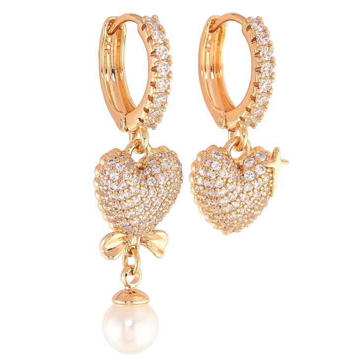Серьги Xuping цвет Позолота 18K подвески на колечках "Ассиметричные подвески сердечки с инкрустацией кристаллами" - Фото 16