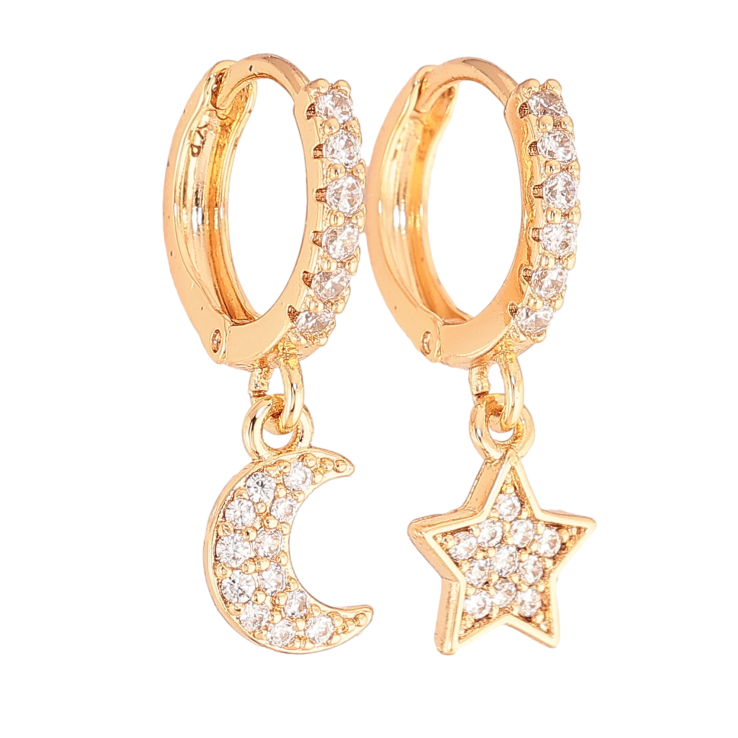 Сережки Xuping колір Позолота 18К підвіски на колечках "Асиметричні зірка з місяцем" фото №2