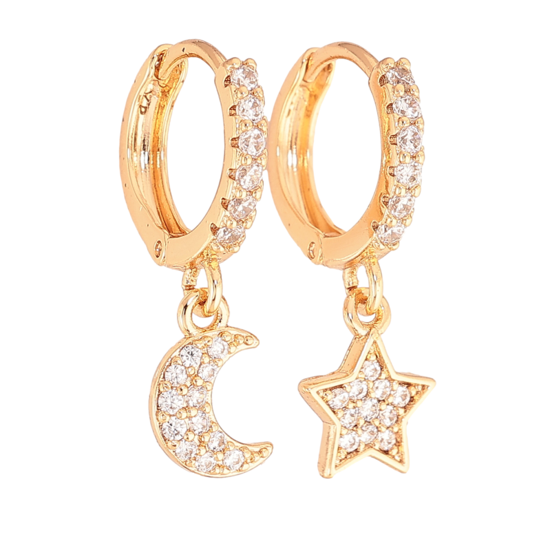 Серьги Xuping цвет Позолота 18К подвески на колечках "Ассиметричные звезда с луной" фото №2 Серьги Xuping цвет Позолота 18К подвески на колечках "Ассиметричные звезда с луной" фото №2