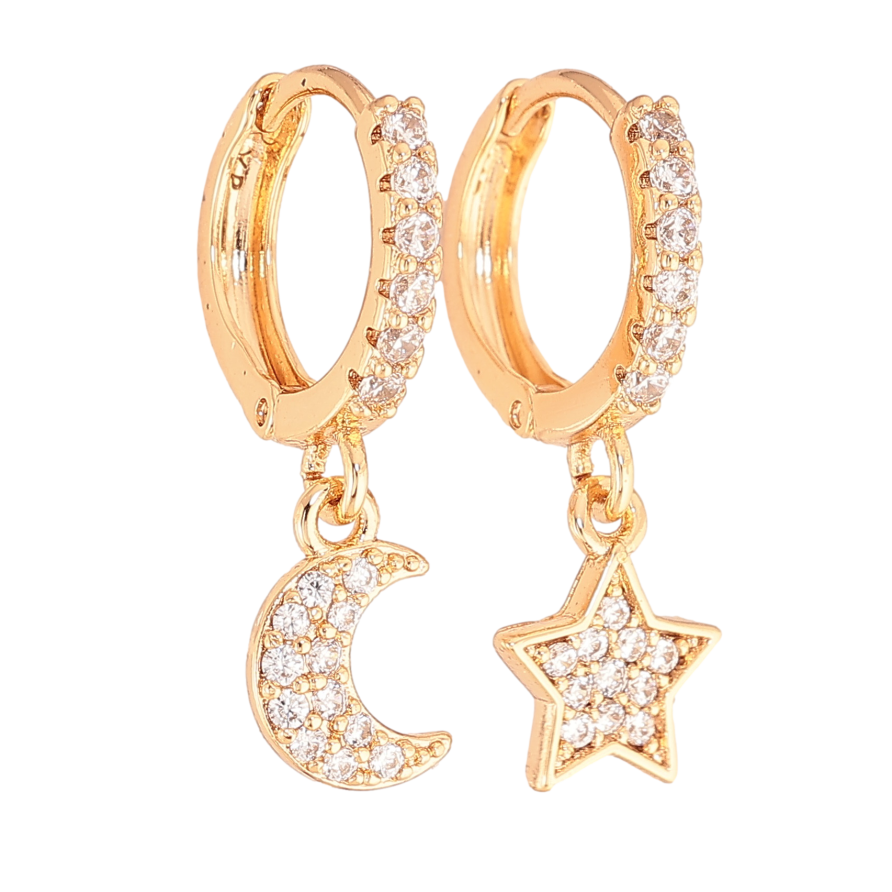 Серьги Xuping цвет Позолота 18К подвески на колечках "Ассиметричные звезда с луной" фото №1 Серьги Xuping цвет Позолота 18К подвески на колечках "Ассиметричные звезда с луной" фото №1