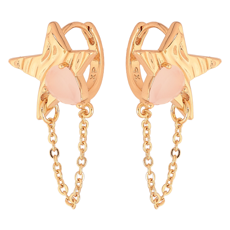 Сережки Xuping колір Позолота 18К підвіски на колечках "Зірки з рожевими кристалами та ланцюжками" фото №1 Сережки Xuping колір Позолота 18К підвіски на колечках "Зірки з рожевими кристалами та ланцюжками" фото №1