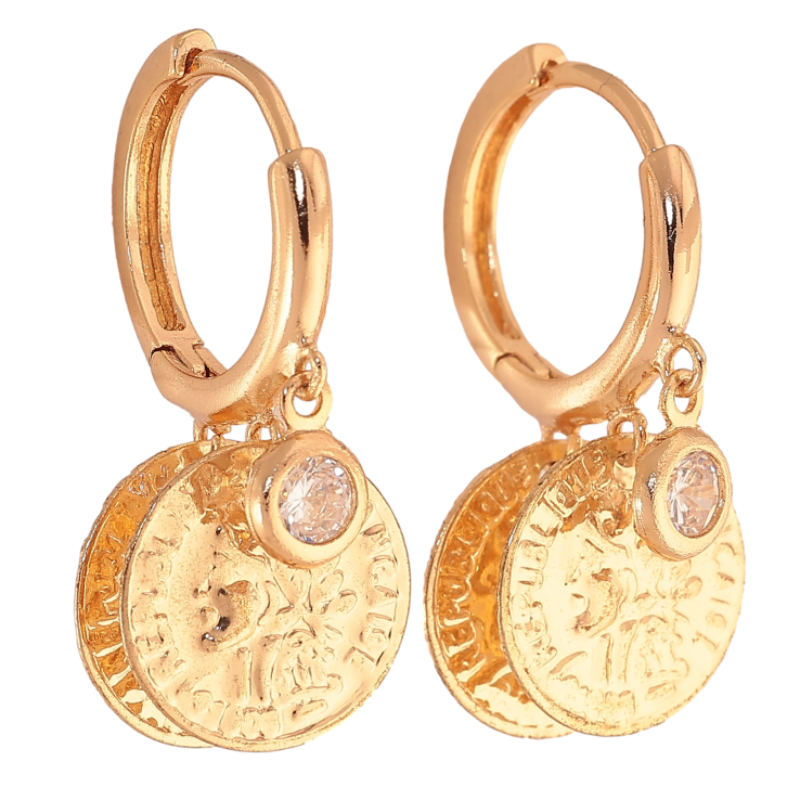 Серьги Xuping цвет Позолота 18K подвески на колечках "Монеты с кристаллами" фото №13