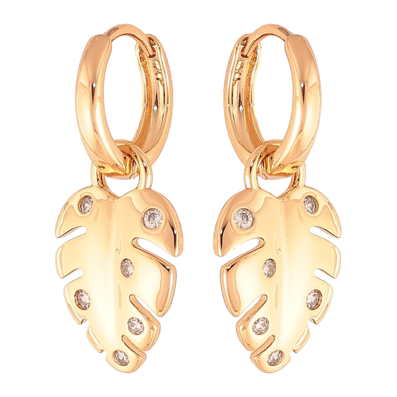 Сережки Xuping колір Позолота 18K підвіски на колечках "Листочки з кристалами" 2 в 1 фото №1