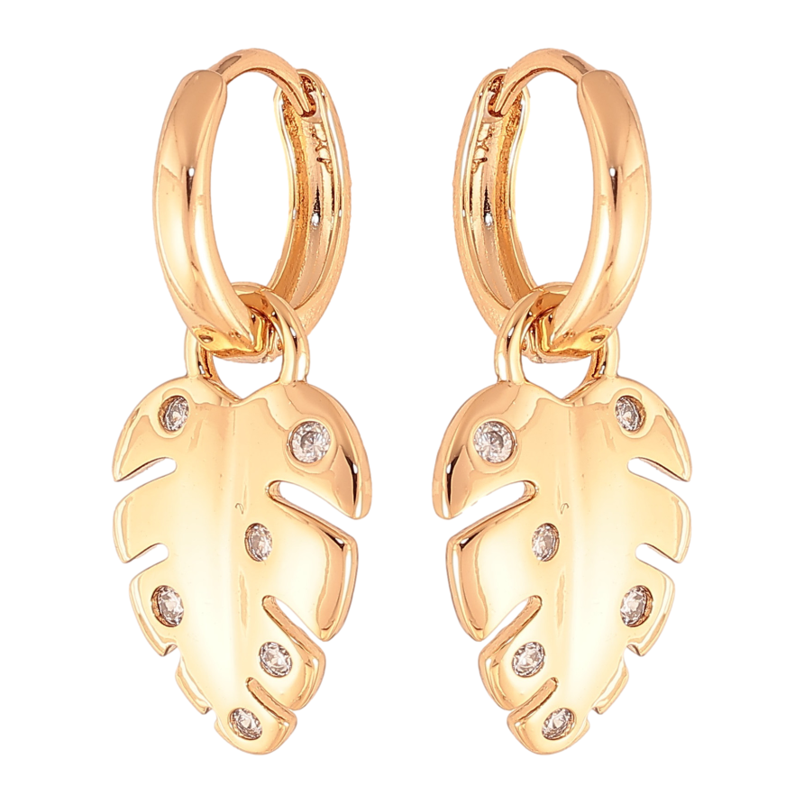 Сережки Xuping колір Позолота 18K підвіски на колечках "Листочки з кристалами" 2 в 1 фото №1