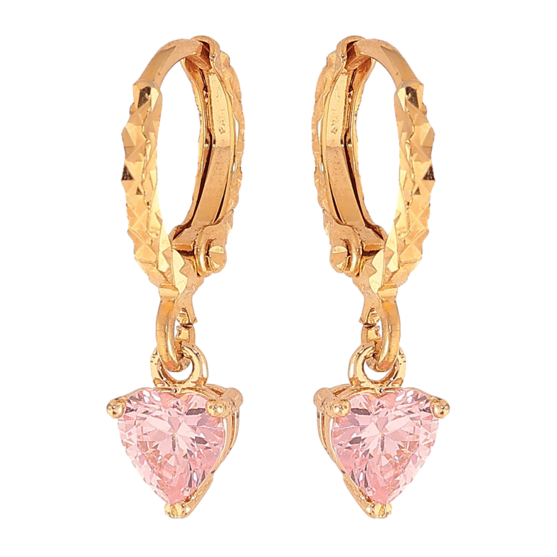 Серьги Xuping цвет Позолота 18K подвески на колечках "Розовые кристальные сердечки" фото №1