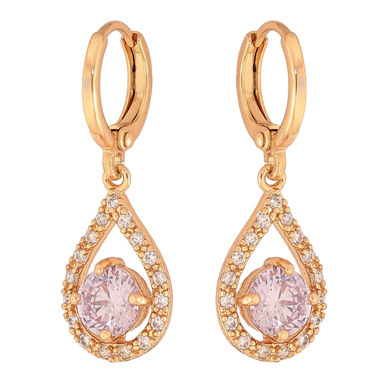 Серьги Xuping цвет Позолота 18K подвески на колечках "Капельки с сиреневыми кристаллами" фото №1