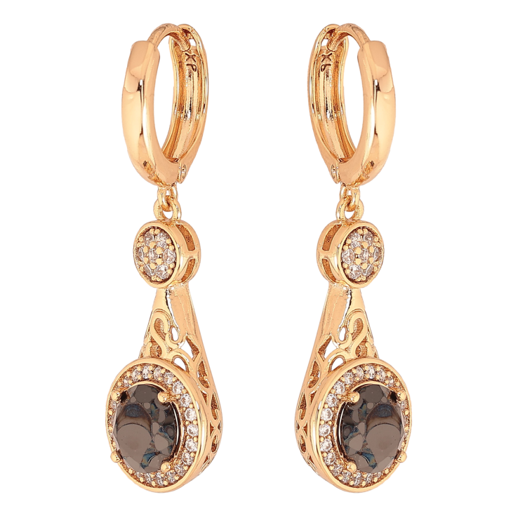 Серьги Xuping цвет Позолота 18К подвески на колечках "Узор с черными кристаллами" фото №4
