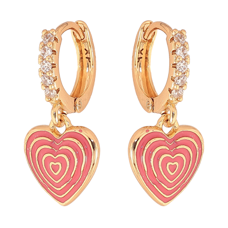 Сережки Xuping колір Позолота 18К підвіски на колечках "Сердечки з візерунком рожевою емаллю" фото №14