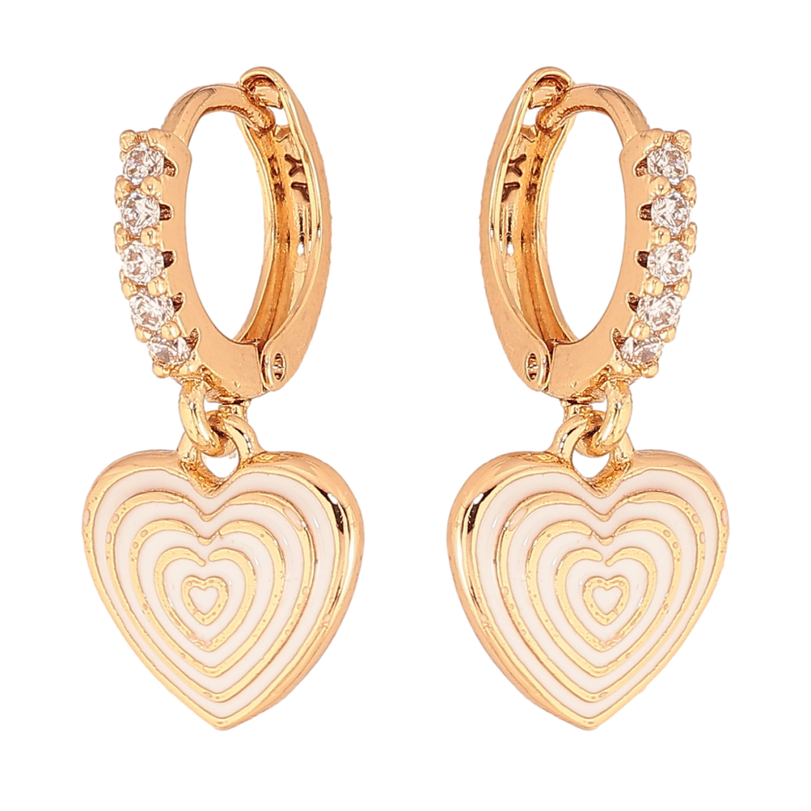 Сережки Xuping колір Позолота 18К підвіски на колечках "Сердечки з візерунком білою емаллю" фото №1