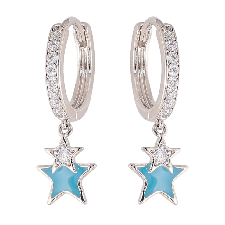 Серьги Xuping цвет Родий подвески на колечках "Звезды с кристаллами и голубой эмалью" фото №2