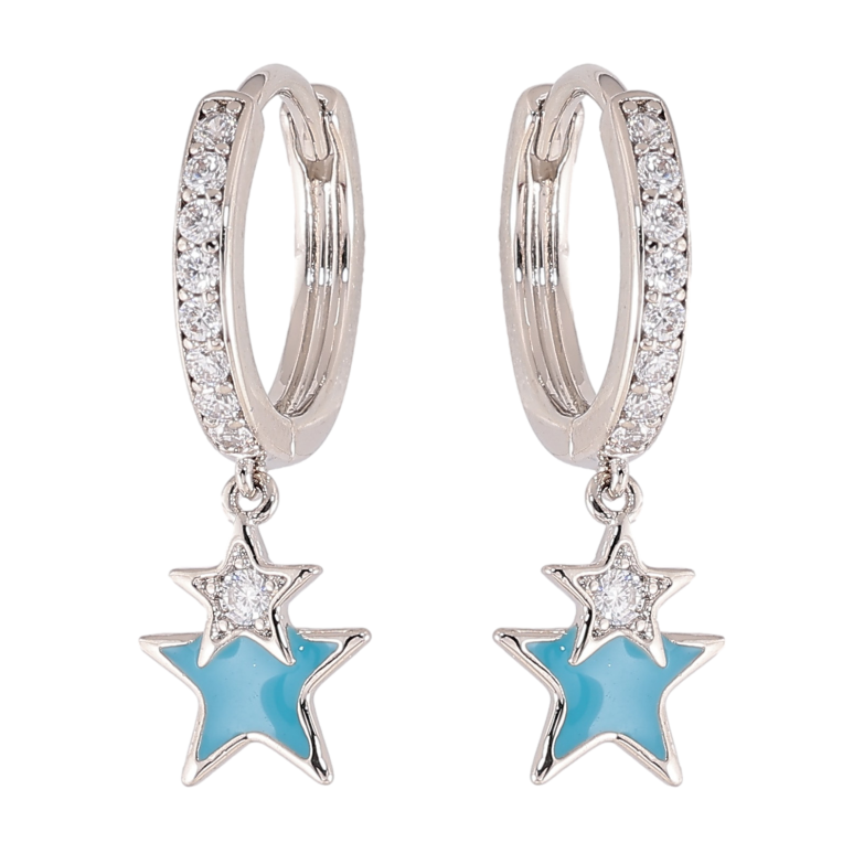 Серьги Xuping цвет Родий подвески на колечках "Звезды с кристаллами и голубой эмалью" фото №2