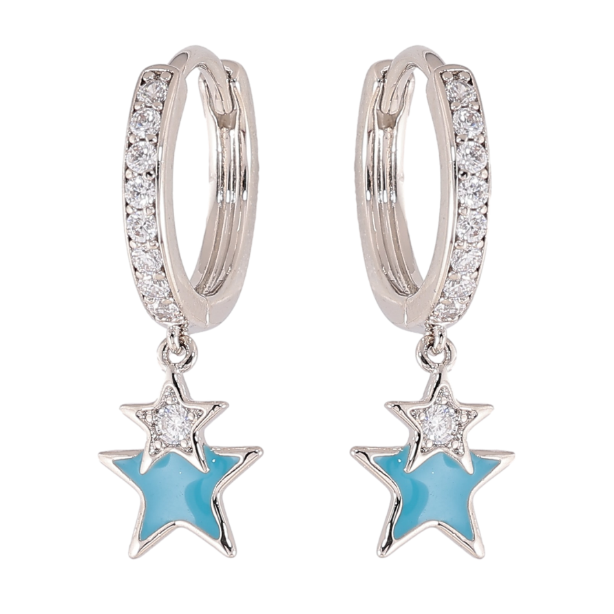 Серьги Xuping цвет Родий подвески на колечках "Звезды с кристаллами и голубой эмалью" фото №1