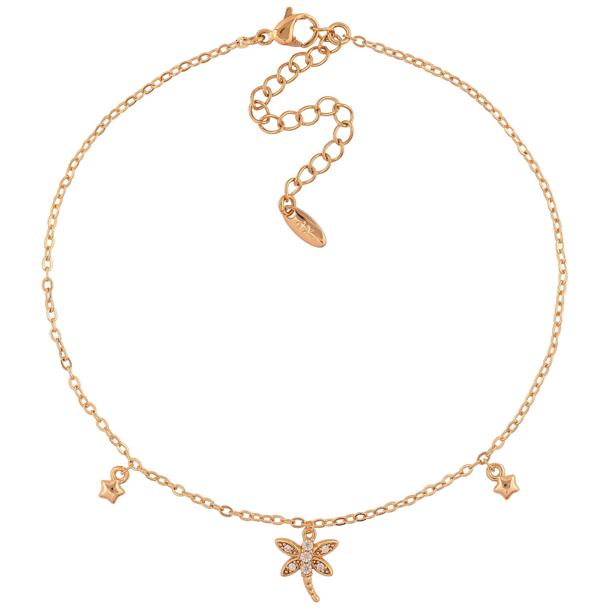 Браслет Xuping цвет Позолота 18K на ногу "Цепочка с подвесками стрекоза" размер с доп.цепочкой 23-28см х 1.5мм фото №1 Браслет Xuping цвет Позолота 18K на ногу "Цепочка с подвесками стрекоза" размер с доп.цепочкой 23-28см х 1.5мм фото №1