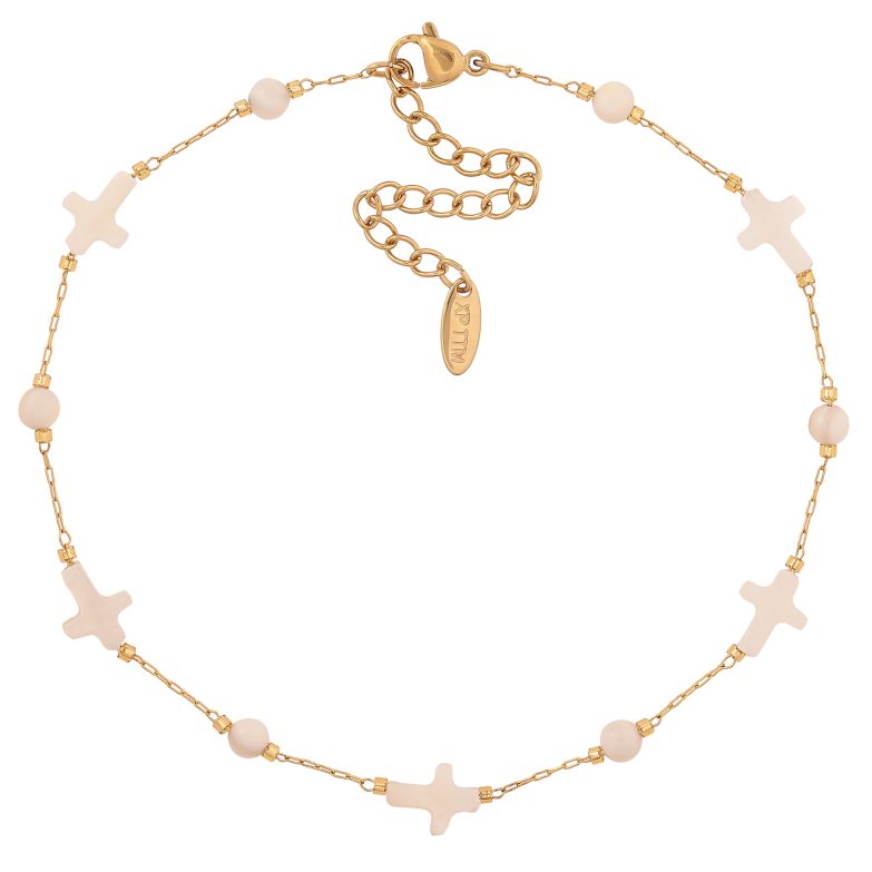 Браслет Xuping ТТМ Stainless Steel цвет 14К на ногу "Цепочка с перламутровыми крестиками и бусинами" длинна с доп. цепочкой 24.5-30см х 1-8мм фото №1