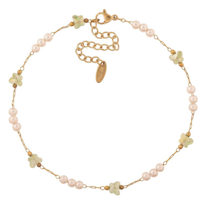 Браслет Xuping ТТМ Stainless Steel колір 14К на ногу "Ланцюжок із зеленими метеликами та перлинними бусинами" довжина з доп. ланцюжком 24.5-30см х 1-6мм фото №1