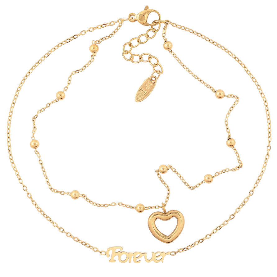 Браслет Xuping ТТМ Stainless Steel колір 14К на ногу "Подвійний ланцюжок із серцем і написом Forever" довжина з дод. ланцюжком 24.5-28см х 1-3мм фото №1