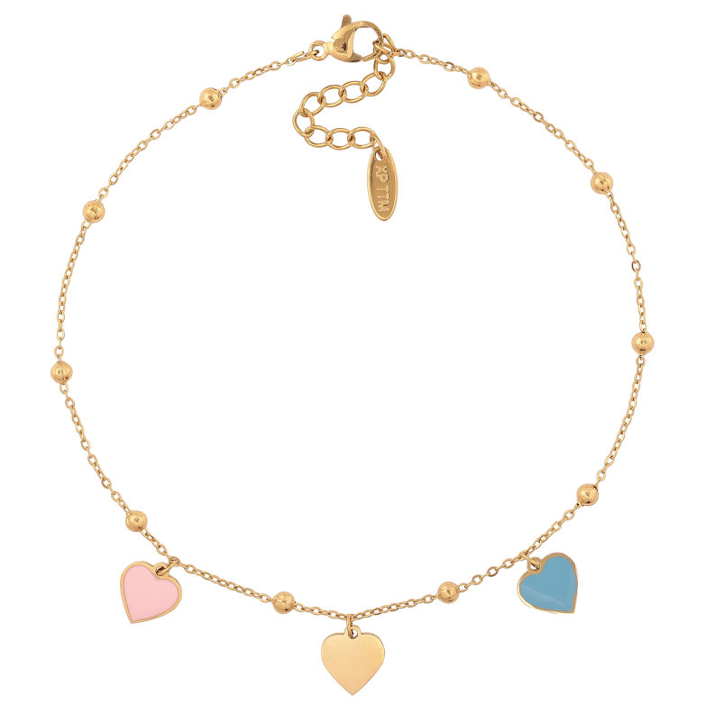 Браслет Xuping ТТМ Stainless Steel колір 14К на ногу "Ланцюжок з підвісками сердечками" довжина з дод. ланцюжком 24.5-27.5см х 1-3мм фото №1