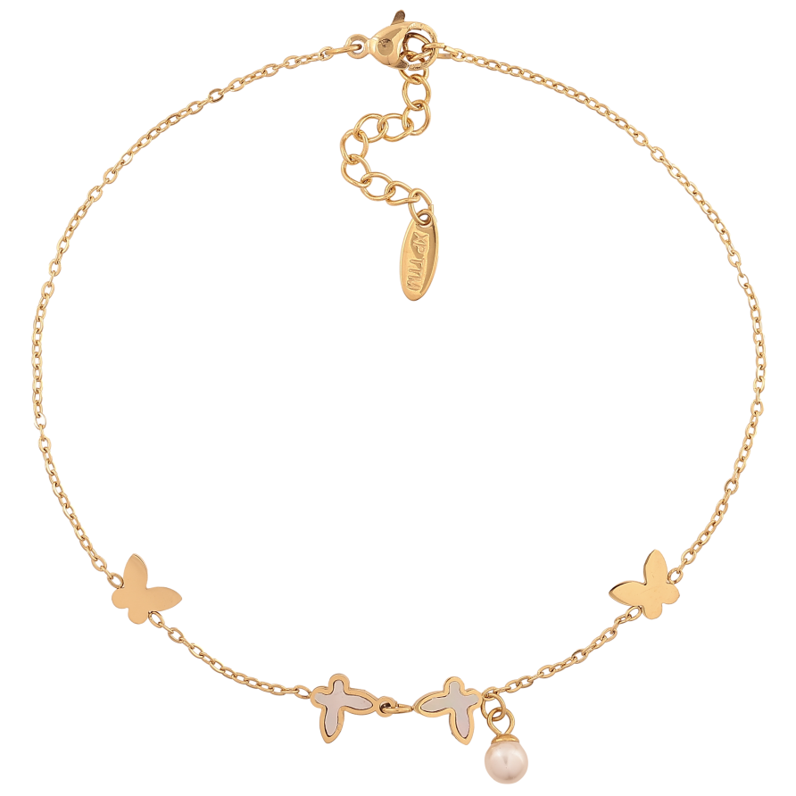 Браслет Xuping ТТМ Stainless Steel цвет 14К на ногу "Цепочка с бабочками и жемчужной подвеской" длинна с доп. цепочкой 23.5-26.5см х 1-7мм фото №1