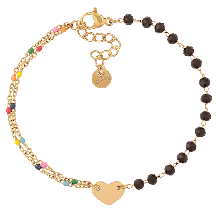 Браслет Xuping ТТМ Stainless Steel цвет 14К "Цепочка с черными бусинами и цветной эмалью, вставка сердечко" длина с доп. цепочкой 18-21см х 1.5-8мм фото №2