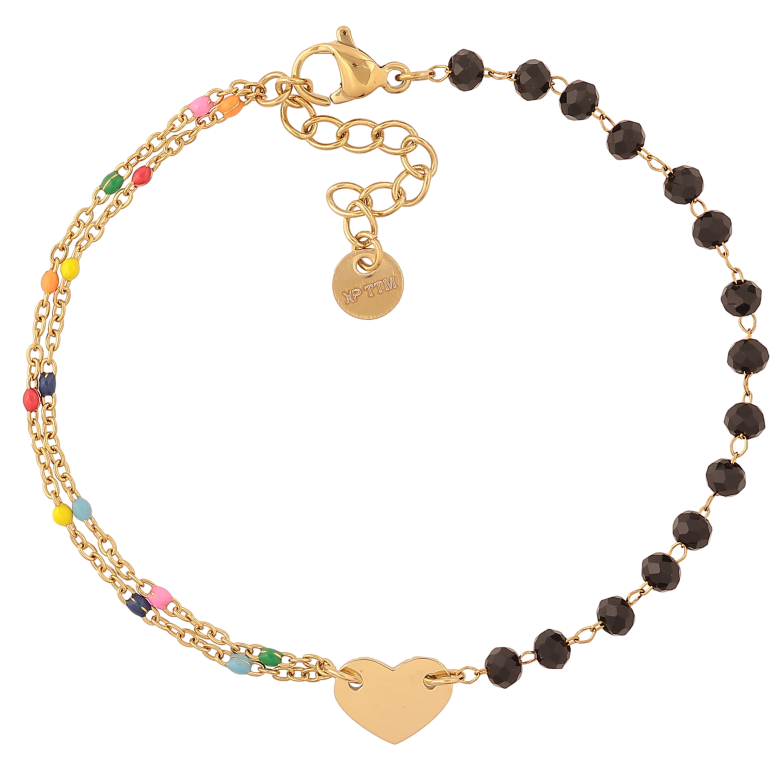 Браслет Xuping ТТМ Stainless Steel цвет 14К "Цепочка с черными бусинами и цветной эмалью, вставка сердечко" длина с доп. цепочкой 18-21см х 1.5-8мм фото №1