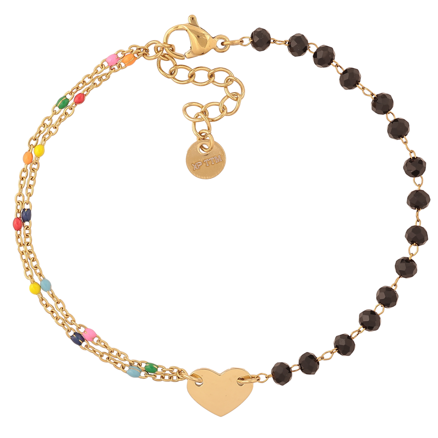 Браслет Xuping ТТМ Stainless Steel цвет 14К "Цепочка с черными бусинами и цветной эмалью, вставка сердечко" длина с доп. цепочкой 18-21см х 1.5-8мм фото №1