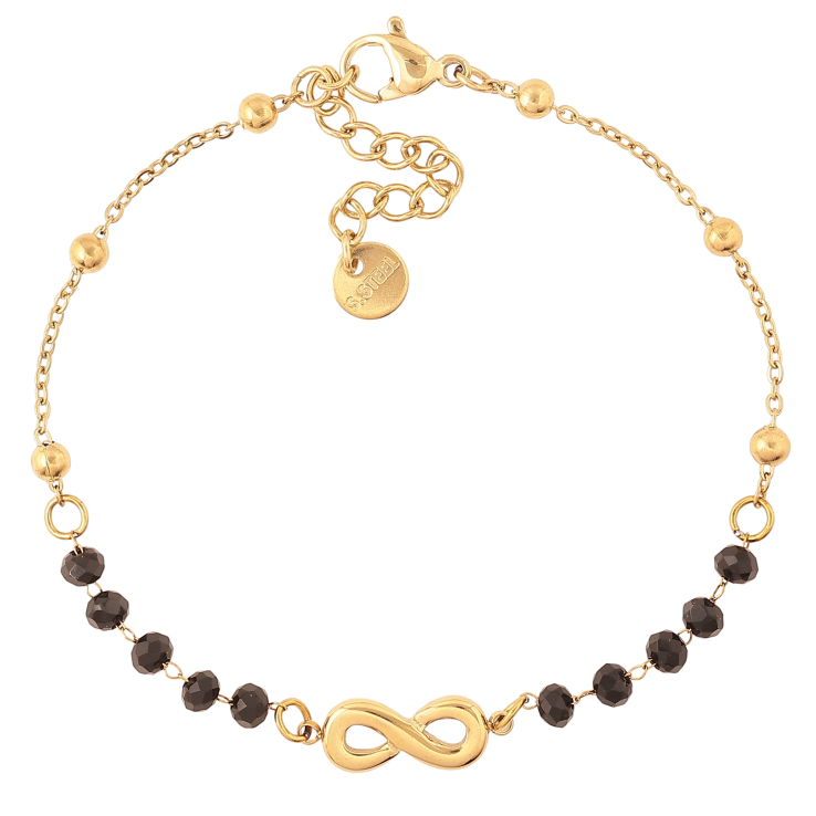 Браслет Xuping ТТМ Stainless Steel цвет 14К "Цепочка с черными бусинами и вставкой бесконечность" длина с доп. цепочкой 17.5-20.5см х 1-6мм фото №8