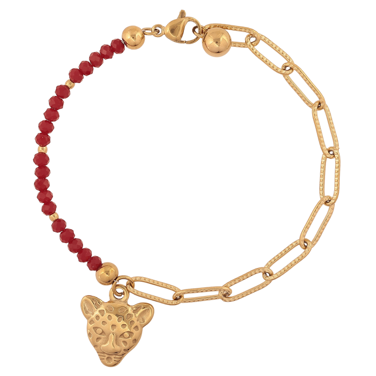 Браслет Xuping ТТМ Stainless Steel цвет 14К "Бордовые бусины с цепочкой и подвеской леопард" длина 18.5см х 2-4мм фото №10