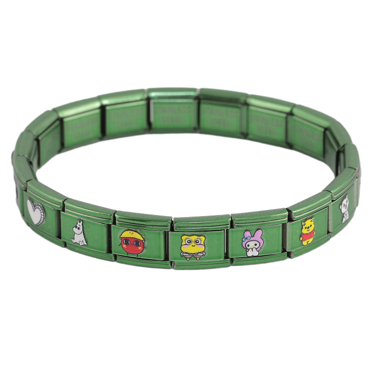 Браслет Xuping ТТМ Stainless Steel цвет Родий "Зеленый с мультяшными героями, шир. 9мм" ø 5.5см, растягивается фото №8
