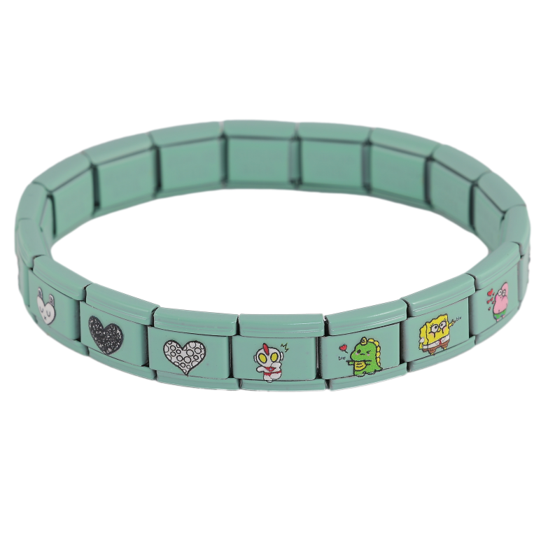 Браслет Xuping ТТМ Stainless Steel цвет Родий "Зеленый с мультяшными героями, шир. 9мм" ø 5.5см, растягивается фото №1