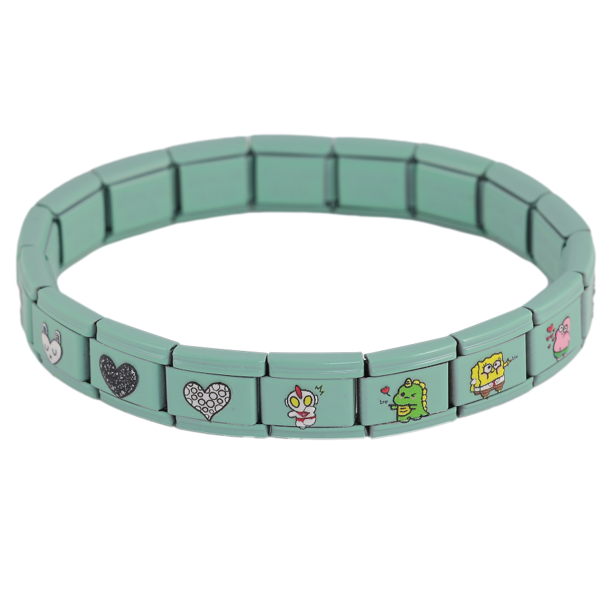 Браслет Xuping ТТМ Stainless Steel цвет Родий "Зеленый с мультяшными героями, шир. 9мм" ø 5.5см, растягивается фото №1