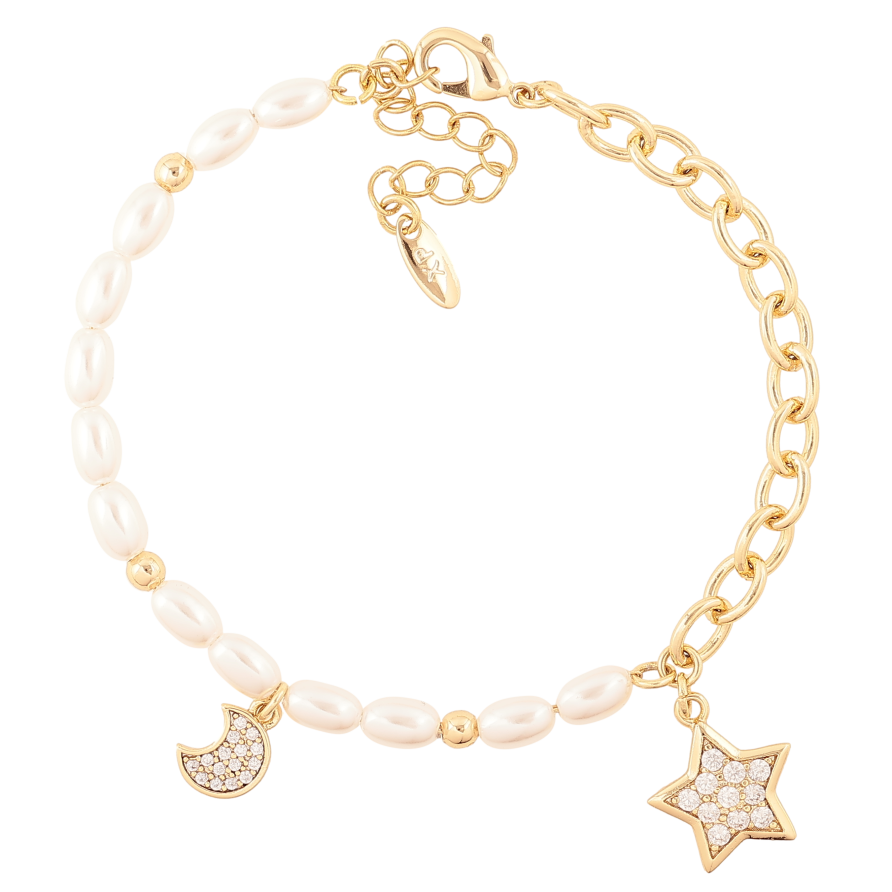 Браслет Xuping цвет Позолота 14K "Цепочка с жемчужными бусинами и подвесками" размер с доп. цепочкой 16-19.5см х 3-5мм фото №1