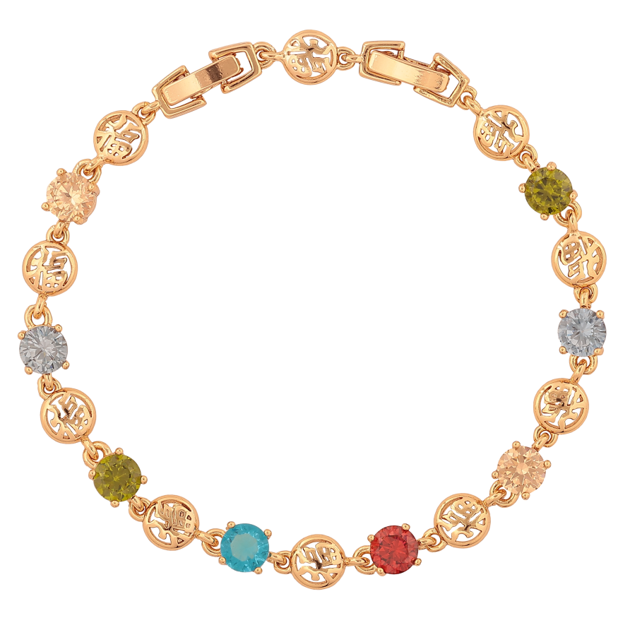 Браслет Xuping цвет Позолота 18К "Китайские иероглифы с разноцветными кристаллами" размер с доп. замком 18.5,21см х 5-7мм фото №1