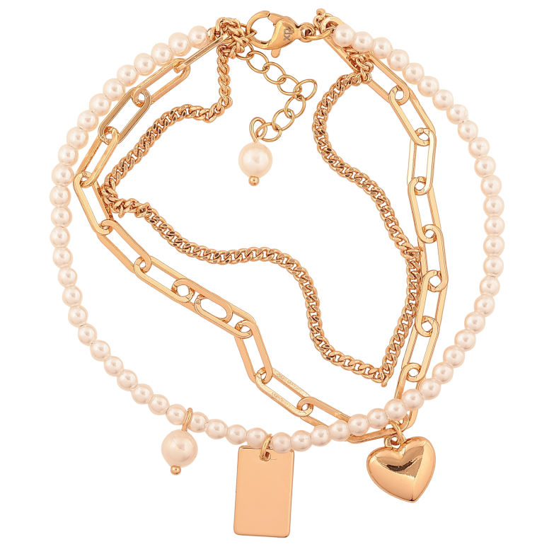 Браслет Xuping цвет Позолота 18K "Тройная цепочка с жемчужинами и подвесками" размер с доп. цепочкой 19-22см х 9мм фото №1