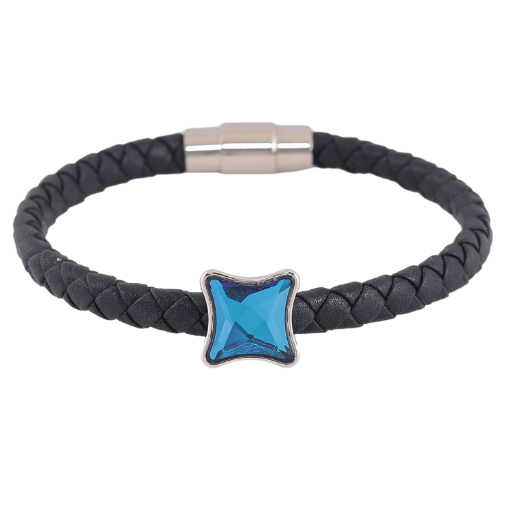 Браслет Xuping колір Родій із кристалами Swarovski "Шкіряний чорний шнур із кристалом Metallic Blue" магнітна застібка довжина 18,5см х 5мм фото №1