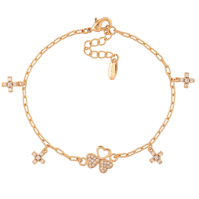 Браслет Xuping цвет Позолота 18K "Цепочка с подвесками крестиками и вставкой цветочек" размер с доп. цепочкой 17-20см х 2-11мм фото №1