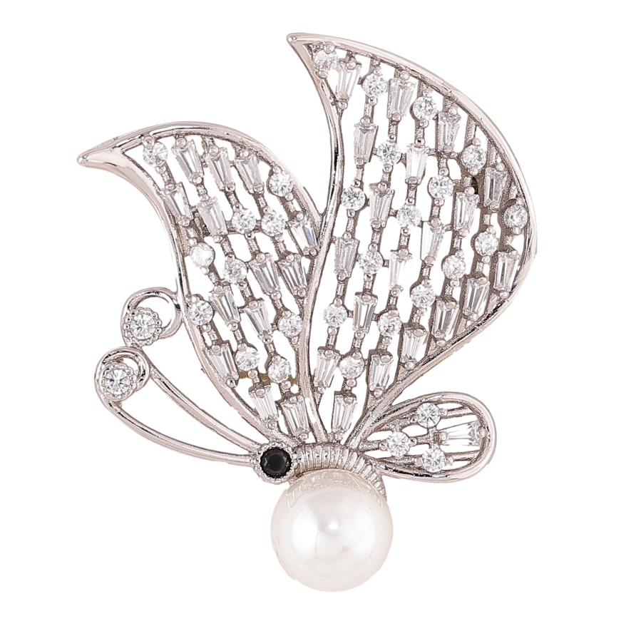Брошь Xuping цвет Родий "Бабочка с инкрустацией кристаллами и жемчужиной" фото №1