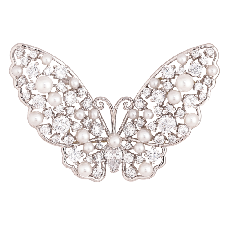 Брошь Xuping цвет Родий "Бабочка с россыпью кристаллов и жемчуга" фото №2