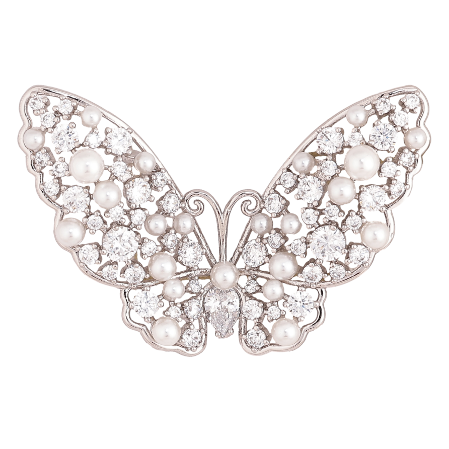 Брошь Xuping цвет Родий "Бабочка с россыпью кристаллов и жемчуга" фото №1