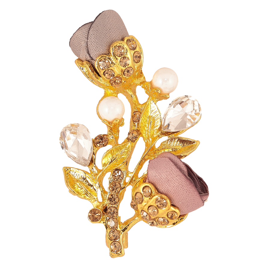 Брошь "Веточка с бежево-серыми цветочками, стразами и жемчужинами" фото №1