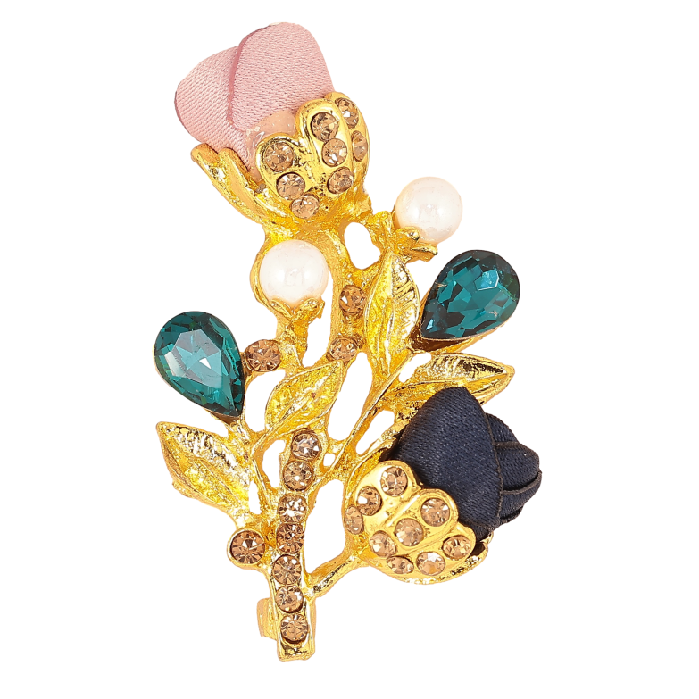 Брошка "Гілочка з синьо-рожевими квіточками, стразами та перлинами" фото №2