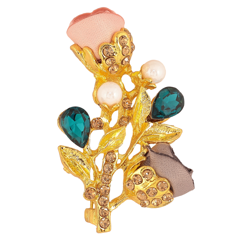 Брошка "Гілочка з рожево-сірими квіточками, стразами та перлинами" фото №1