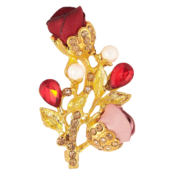Брошь "Веточка с красно-розовым цветочками, стразами и жемчужинами" фото №4