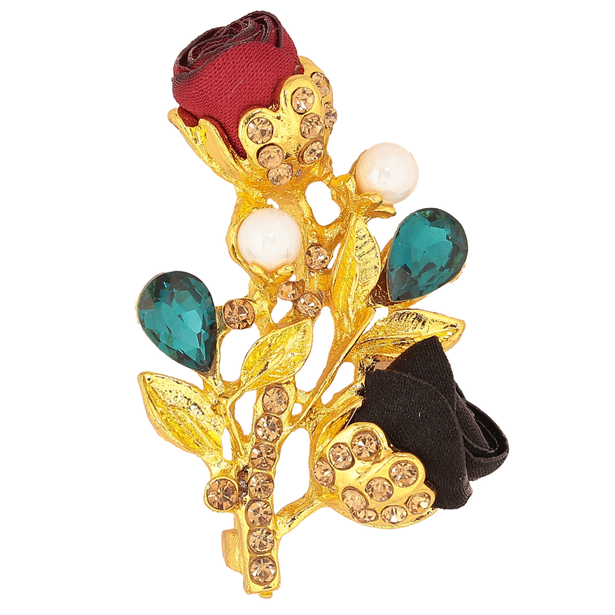 Брошка "Гілочка з червоно-чорними квіточками, стразами та перлинами" фото №1
