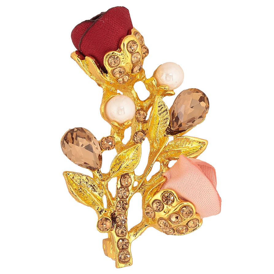 Брошь "Веточка с красно-розовыми цветочками, стразами и жемчужинами" фото №1