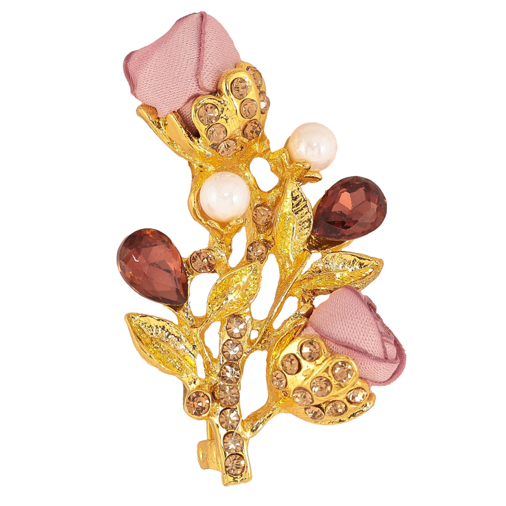 Брошь "Веточка с розовыми цветочками, стразами и жемчужинами" фото №2